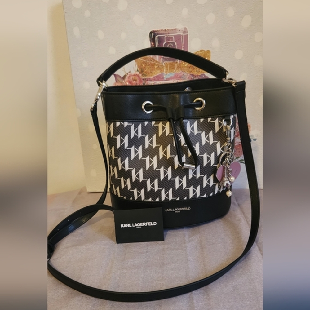 NWOT Karl Lagerfeld Paris Adele bucket bag monogram